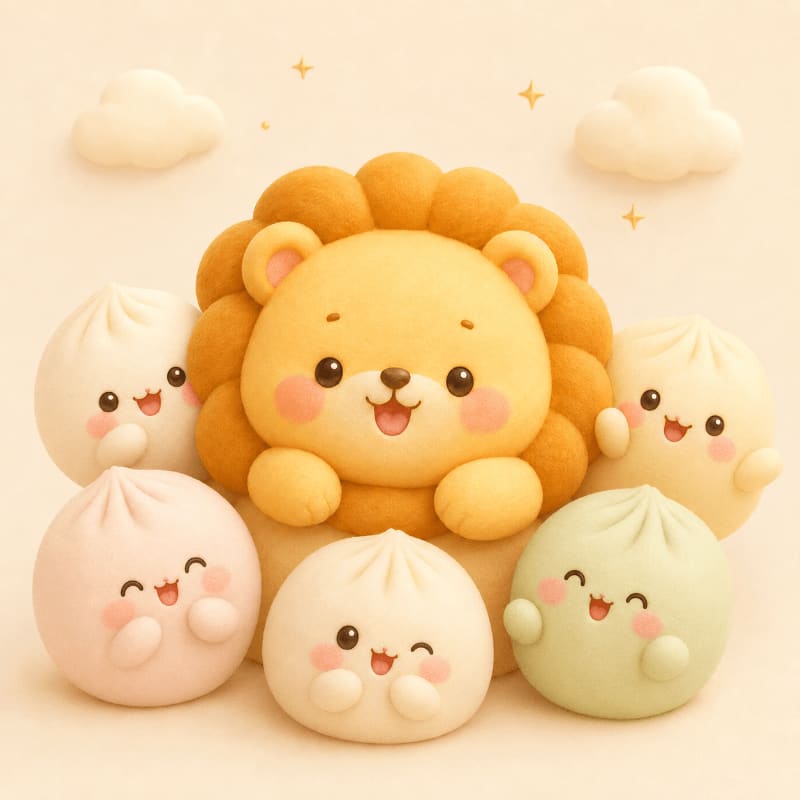 A cute, smiling lion with a fluffy mane is surrounded by five adorable, pastel-colored steamed buns with happy faces, all set against a soft, creamy background with small, fluffy clouds and sparkling stars.