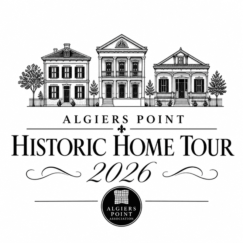 Three detailed black and white illustrations of historic homes stand in the foreground, with the text "ALGIERS POINT HISTORIC HOME TOUR 2026" and a circular logo in the background.