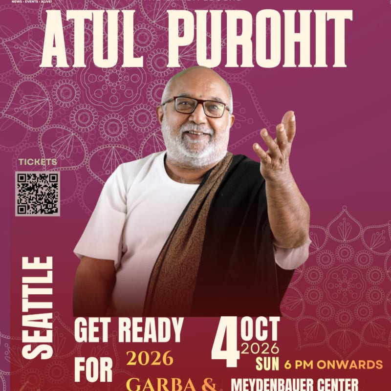 A smiling man with glasses and a shawl is featured in the foreground against a purple background with decorative patterns, advertising an event in Seattle.