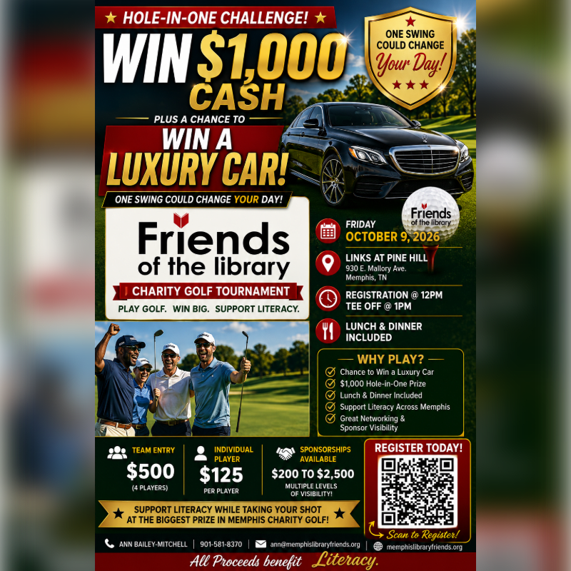 A golf tournament flyer advertises a chance to win $1,000 cash and a luxury car, with a background of a golf course and a luxury car.