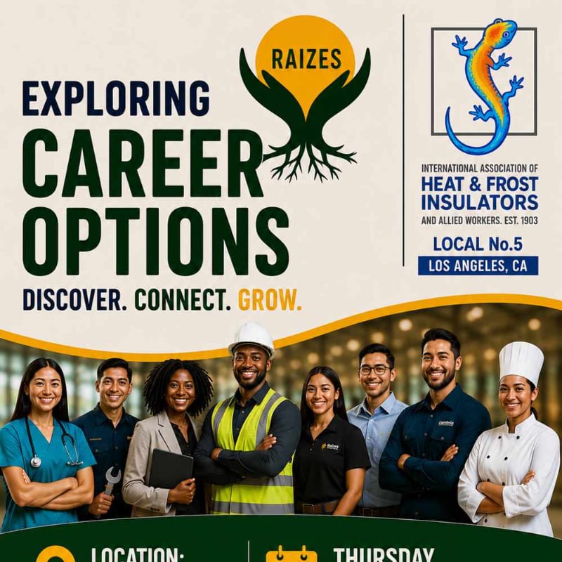 A group of diverse professionals stands in the foreground against a backdrop of career exploration text and logos.