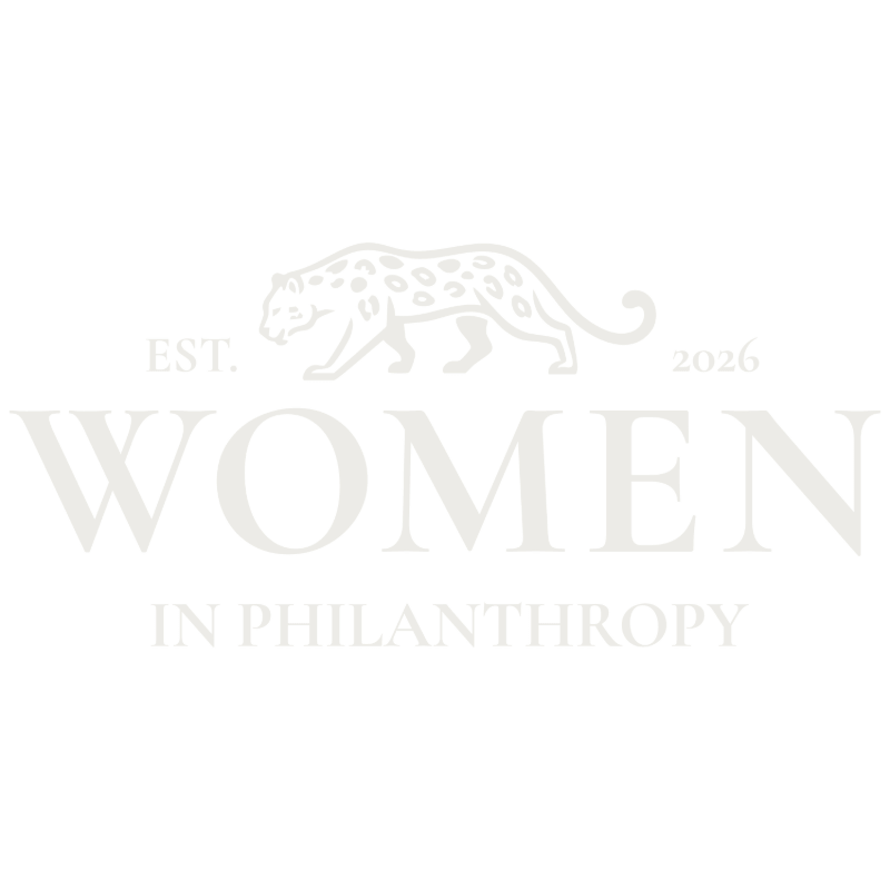 A stylized leopard walks above the words "WOMEN IN PHILANTHROPY" with "EST. 2026" flanking it on a white background.