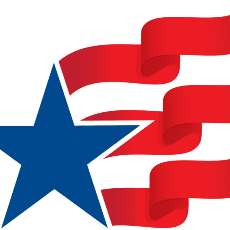 A blue star is prominently displayed in the foreground, with red ribbons flowing behind it against a white background.