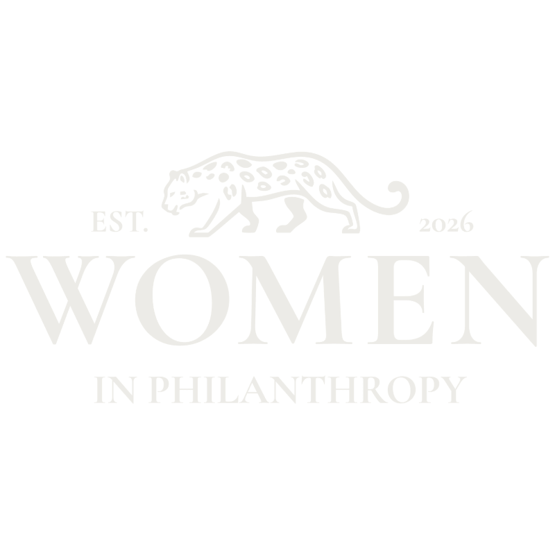 A stylized leopard walks above the words "WOMEN IN PHILANTHROPY" with "EST. 2026" flanking it on a white background.