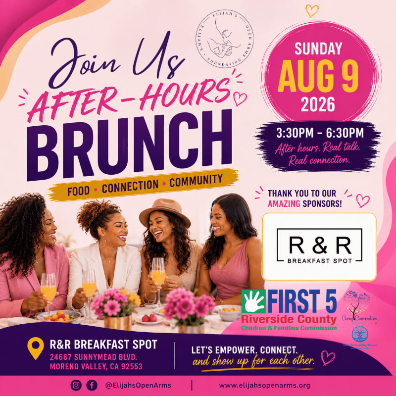 Four women laugh and hold drinks at a table in the foreground, while the background features event details and sponsor logos for an "After-Hours Brunch."