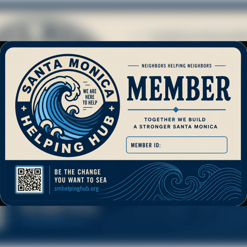 A blue and white membership card for Santa Monica Helping Hub features a wave logo in the foreground and a blurred blue background.