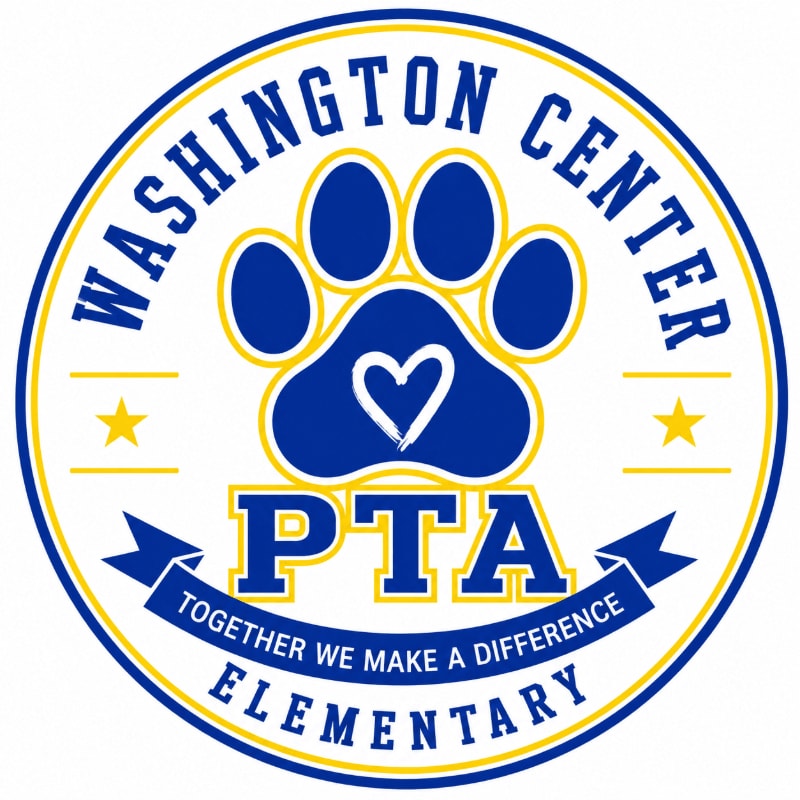 A blue and yellow circular logo for Washington Center Elementary PTA features a paw print with a heart in the foreground, and the words "TOGETHER WE MAKE A DIFFERENCE" on a banner in the background.