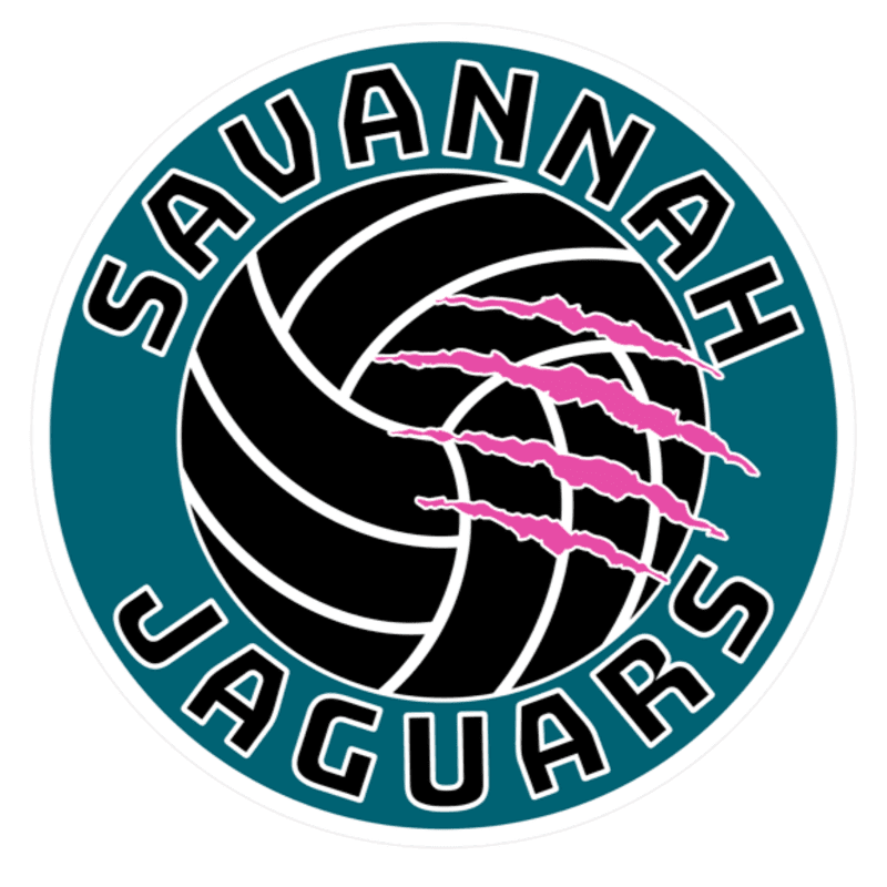 A black volleyball with pink claw marks is superimposed on a teal circle with the words "SAVANNAH JAGUARS" in white lettering.