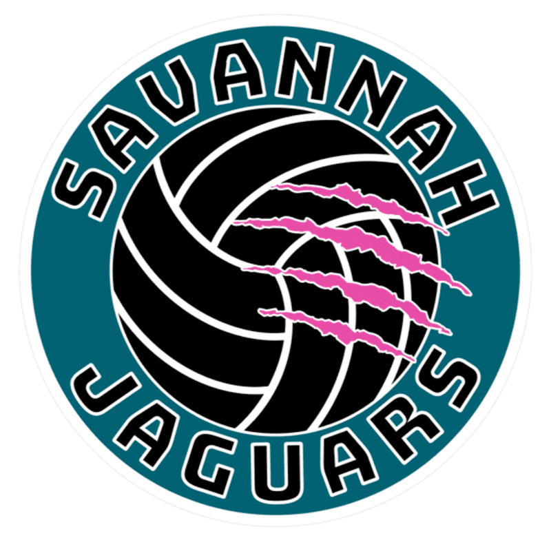 A black volleyball with pink claw marks is superimposed on a teal circle with the words "SAVANNAH JAGUARS" in white lettering.