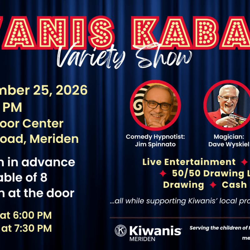 A blue curtain background frames a poster for a Kiwanis Kabaret Variety Show featuring a comedy hypnotist and a magician, with event details and sponsor logos in the foreground.