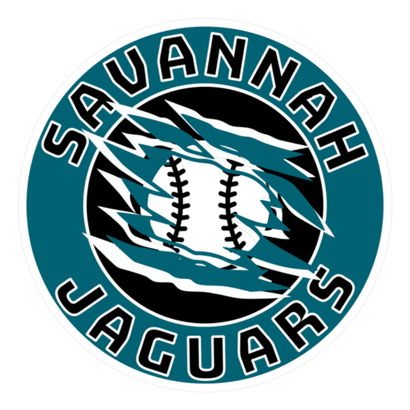 A teal circular logo with "SAVANNAH JAGUARS" written in white letters around the edge, features a baseball with teal claw marks across it in the center.