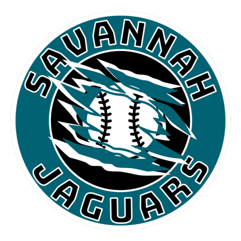 A teal circular logo with "SAVANNAH JAGUARS" written in white letters around the edge, features a baseball with teal claw marks across it in the center.