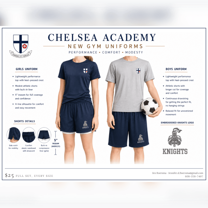 A graphic displays Chelsea Academy's new gym uniforms for girls and boys, featuring a female model in a navy uniform and a male model holding a soccer ball in a grey uniform, with detailed descriptions and pricing in the foreground against a white background.