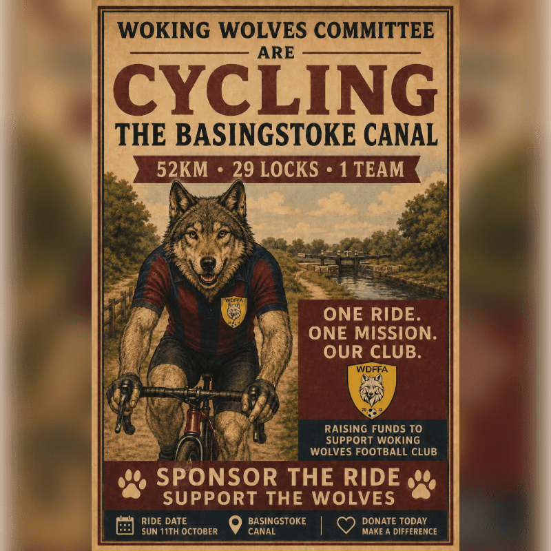 A wolf in a cycling jersey rides a bike in the foreground, with a canal and trees in the background, all within a vintage-style poster advertising a cycling event for the Woking Wolves Football Club.