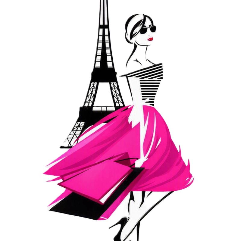A stylish woman in a vibrant pink skirt and striped top carries shopping bags in front of the iconic Eiffel Tower.