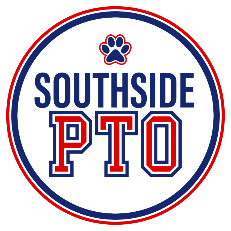 A white circle with red and blue borders contains the words "SOUTHSIDE PTO" in large red and blue letters, with a blue paw print above.