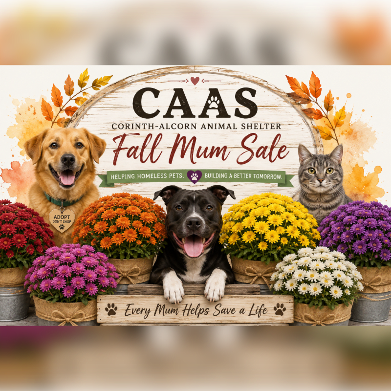A happy dog and cat are surrounded by colorful mums in the foreground, with the "CAAS Fall Mum Sale" text and autumn leaves in the background.