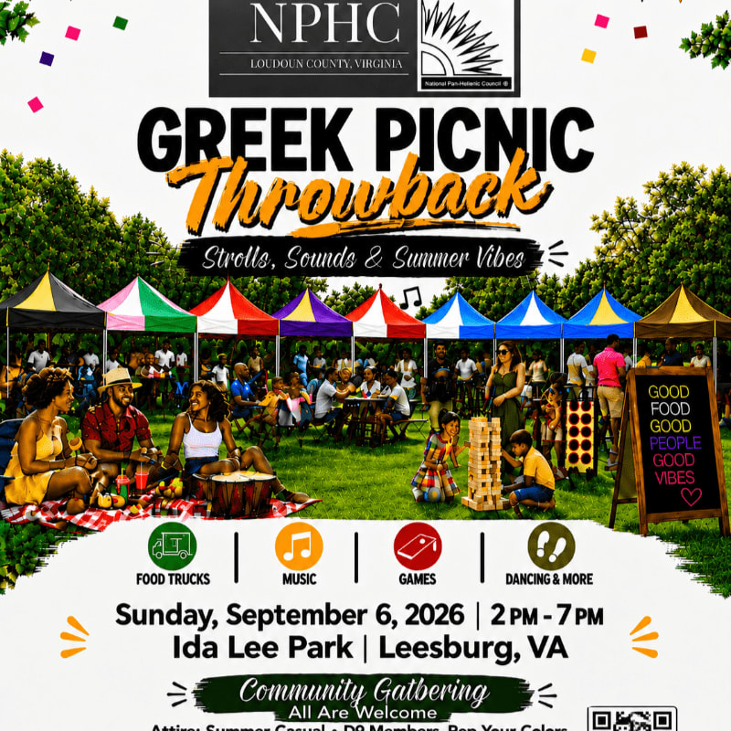A vibrant community gathering with people enjoying food, music, and games under colorful tents in a park setting, with event details prominently displayed.