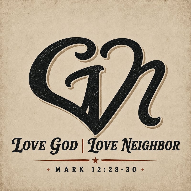 A stylized heart with the letters "GV" inside is centered above the text "LOVE GOD | LOVE NEIGHBOR" and "MARK 12:28-30" on a textured, sepia-toned background.