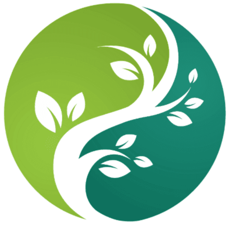 A white stylized tree with green leaves grows across a circular background split into light and dark green halves.
