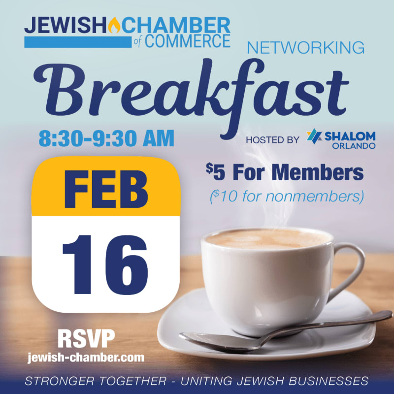 A steaming cup of coffee sits in the foreground on a wooden table, with a calendar graphic and event details for a Jewish Chamber of Commerce networking breakfast in the background.