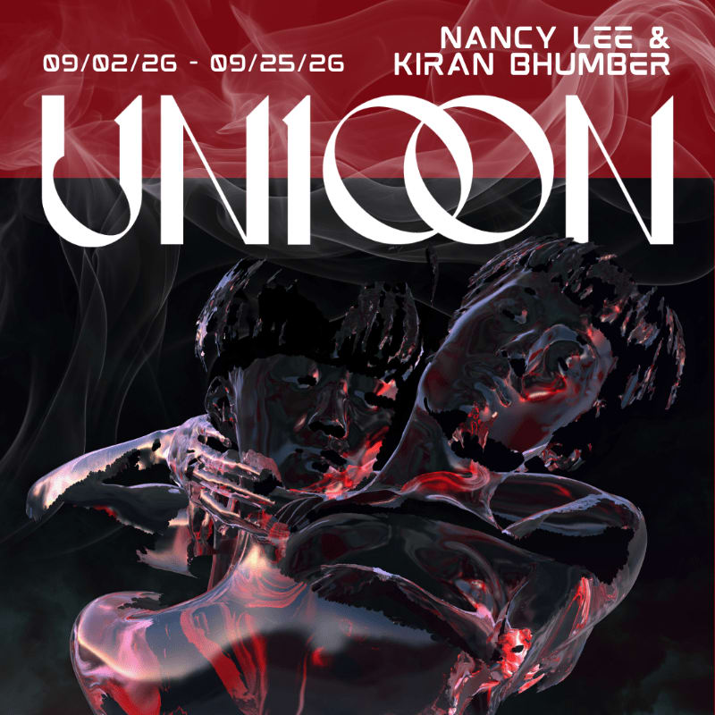 Two glossy, dark figures embrace in the foreground against a smoky, red and black background with event details at the top.