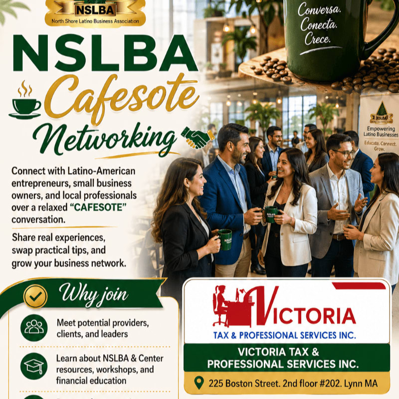 A group of professionals mingles in a cafe setting with a "Conversa. Conecta. Crece." mug in the background, while the foreground highlights the NSLBA Cafesote Networking event details and a sponsor's logo.