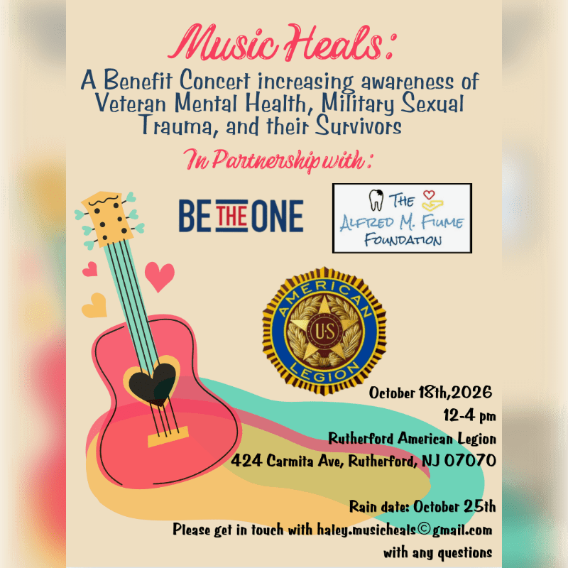 A pink guitar with hearts and musical notes in the foreground is set against a beige background with event details for a benefit concert.