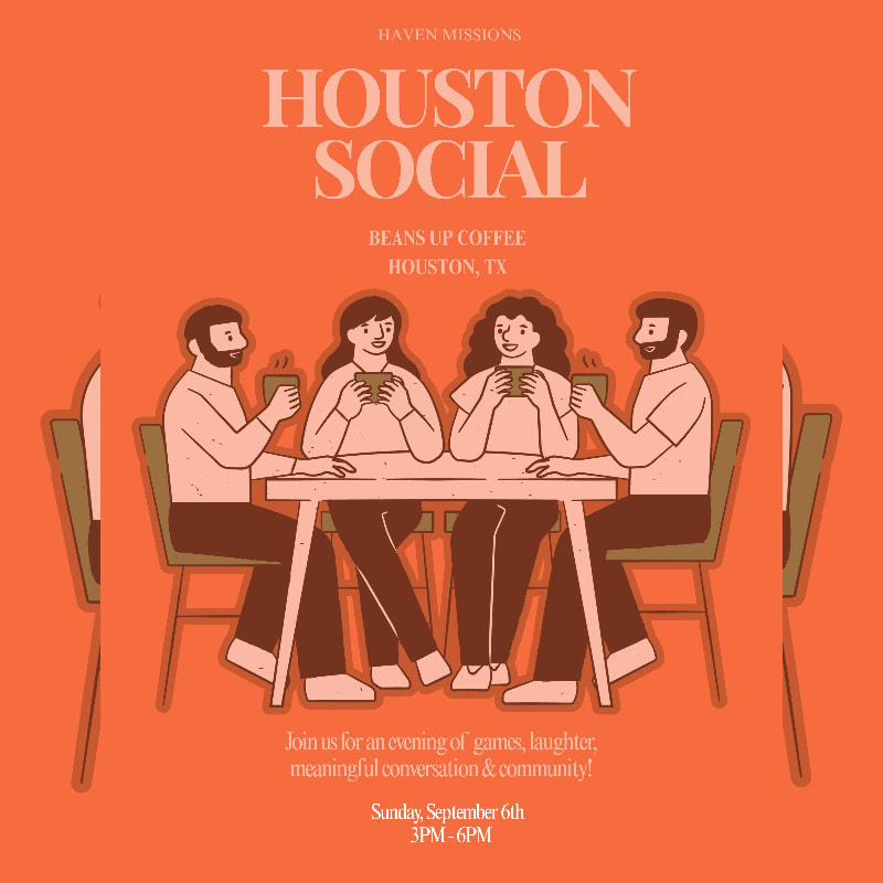 Four people sit at a table in a coffee shop, enjoying drinks, with event details for "Houston Social" at Beans Up Coffee in the background.