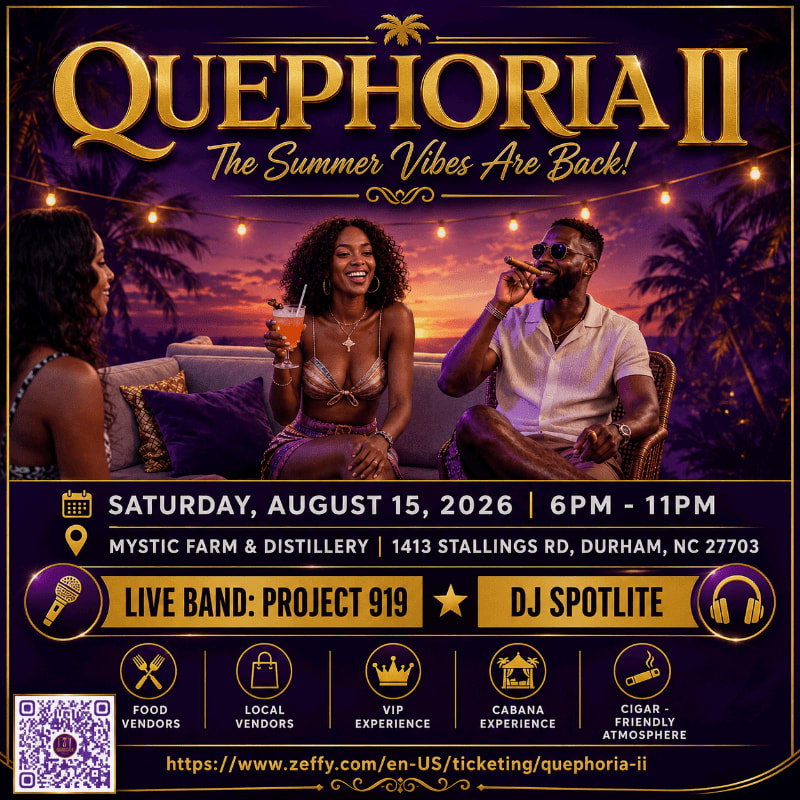 A vibrant poster advertises "Quephoria II: The Summer Vibes Are Back!" featuring a couple enjoying drinks and cigars on a patio with palm trees and string lights in the background, along with event details for Saturday, August 15, 2026, at Mystic Farm & Distillery.