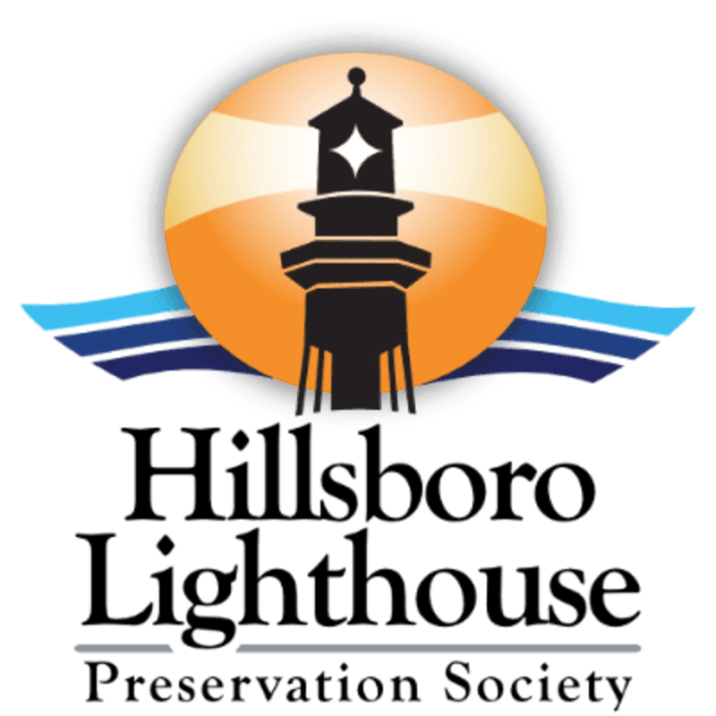 A black lighthouse silhouette stands against a glowing orange sun and blue waves in the background, with the text "Hillsboro Lighthouse Preservation Society" below.