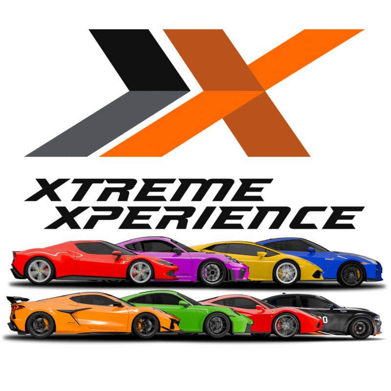 A vibrant collection of sports cars in the foreground is set against a white background featuring the "XTREME XPERIENCE" logo.