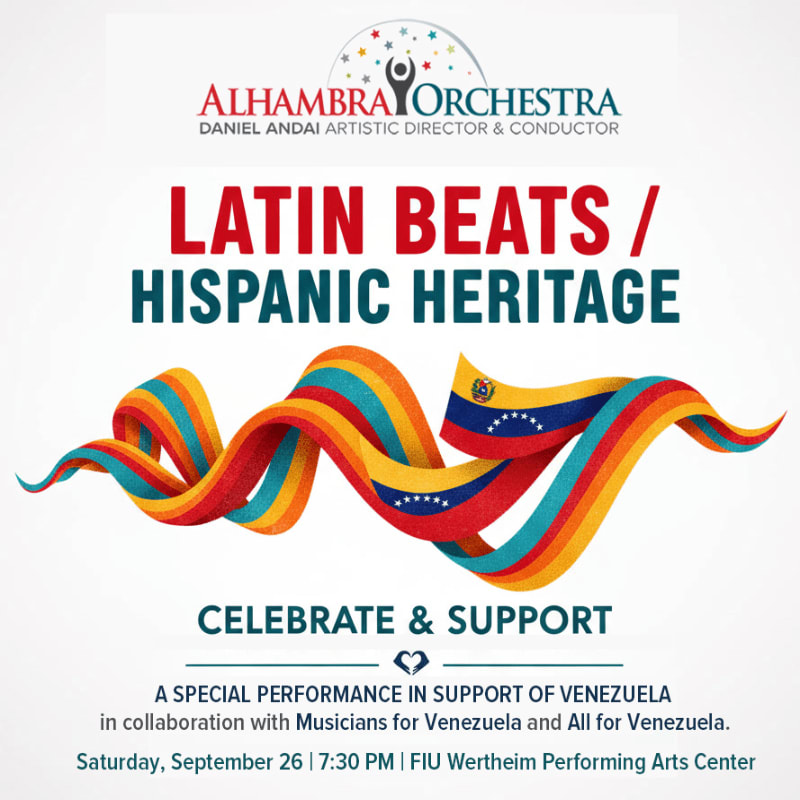 Colorful ribbons with Venezuelan flags flow across the foreground, above text announcing "Latin Beats / Hispanic Heritage" and details for an Alhambra Orchestra performance supporting Venezuela.