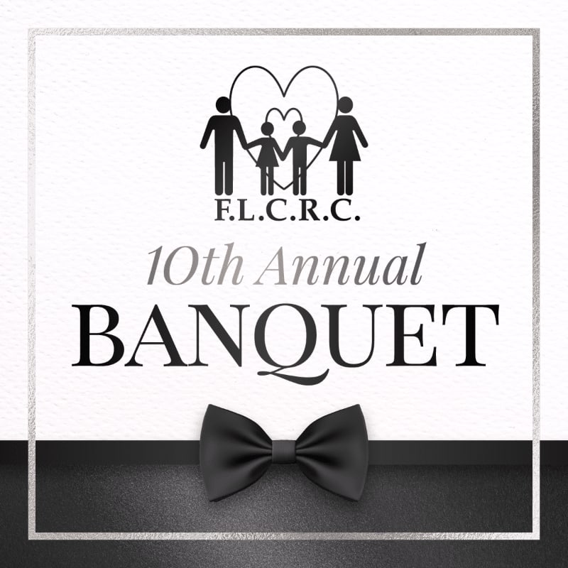 A black bowtie rests on a textured black surface in the foreground, while the background features a silver border framing a graphic of a family within a heart, the text "F.L.C.R.C. 10th Annual BANQUET" in elegant fonts, and a subtle textured white background.