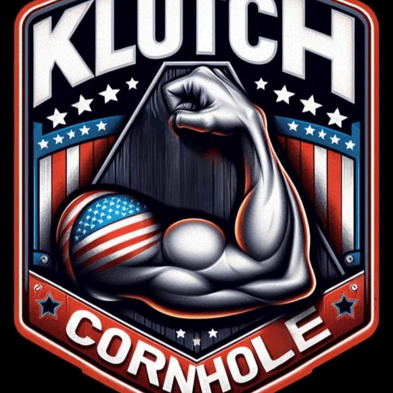 A muscular arm with an American flag-patterned bicep is featured in the foreground, set against a background of stars and stripes with the words "KLUTCH CORNHOL" above and below.