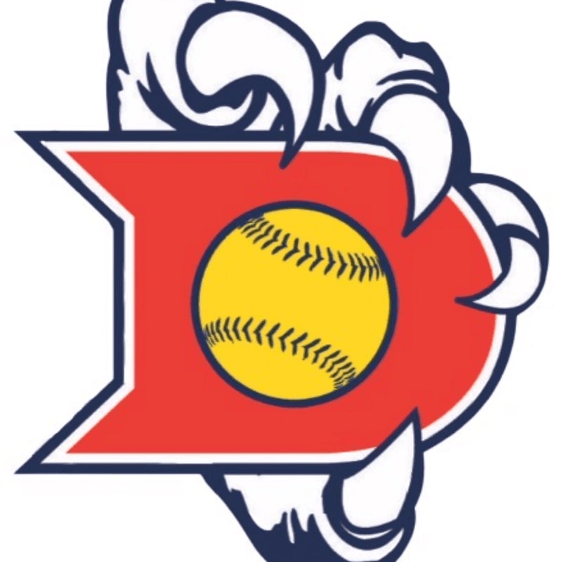 A stylized red letter "D" with a yellow softball in its center is clutched by white claws against a white background.