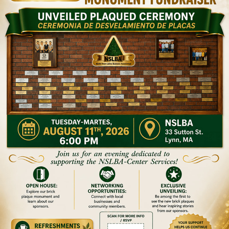 A brick wall with many plaques is displayed in the background, while the foreground features event details for an NSLBA ceremony.