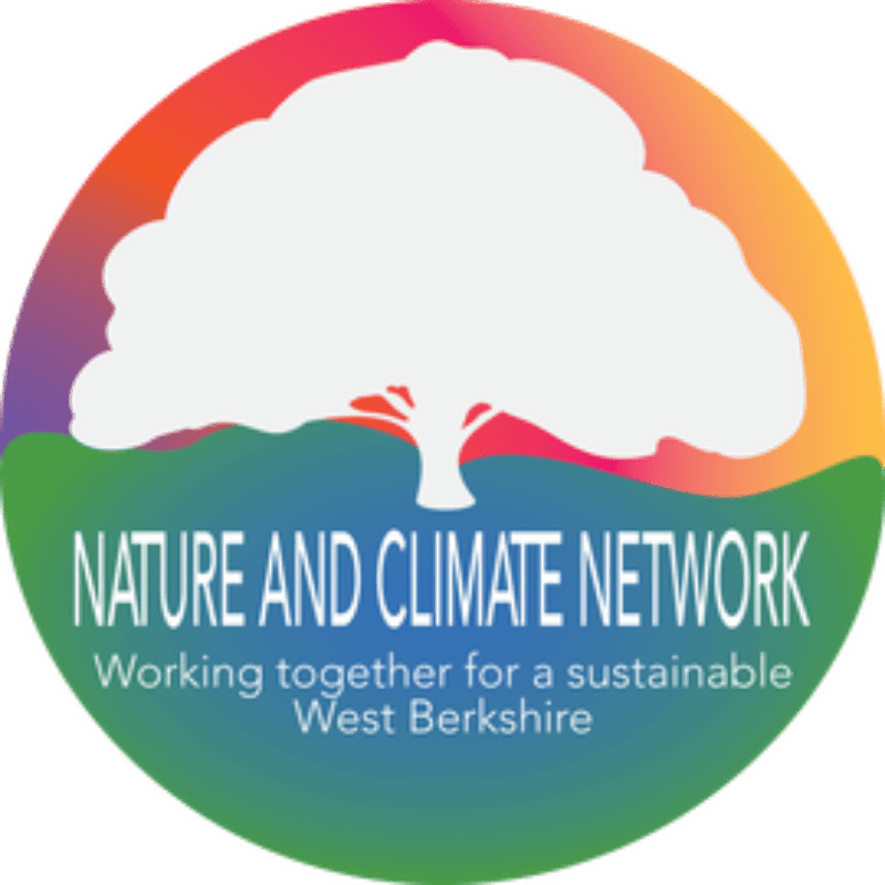 A white tree silhouette stands against a colorful gradient background, with the words "NATURE AND CLIMATE NETWORK" and "Working together for a sustainable West Berkshire" in the foreground.