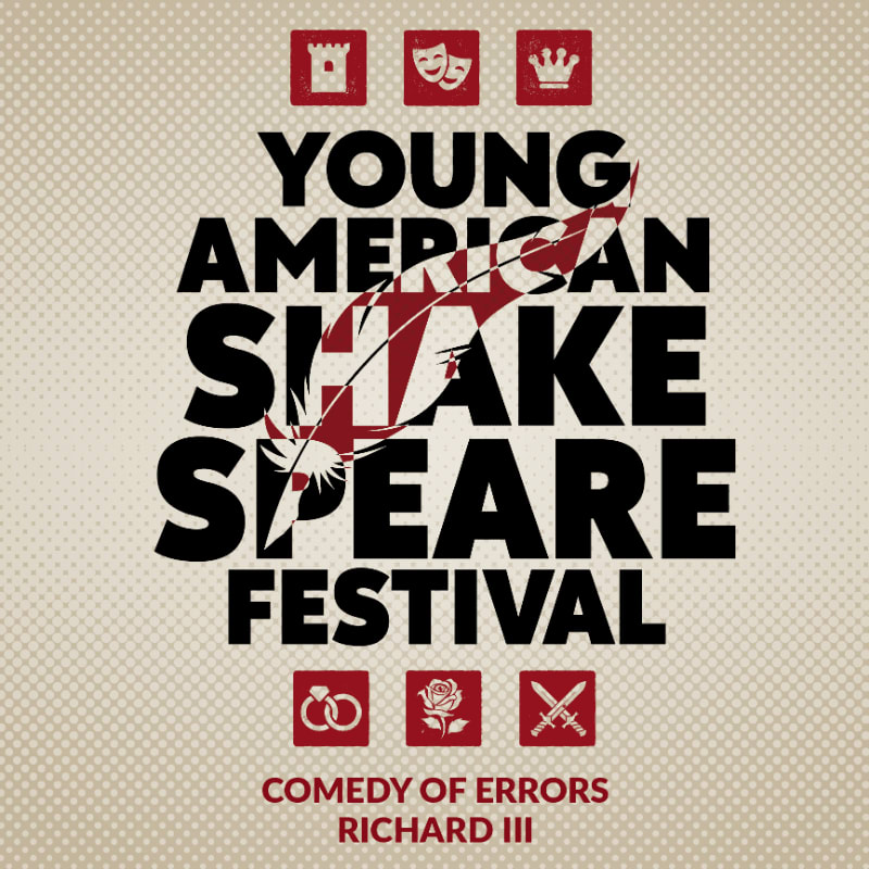Bold black text announcing the "Young American Shakespeare Festival" with a red and white quill design across the word "Shakespeare" is set against a textured beige background with small red icons of a castle, masks, and a crown at the top, and wedding rings, a rose, and crossed swords at the bottom, below which are the titles "Comedy of Errors" and "Richard III".