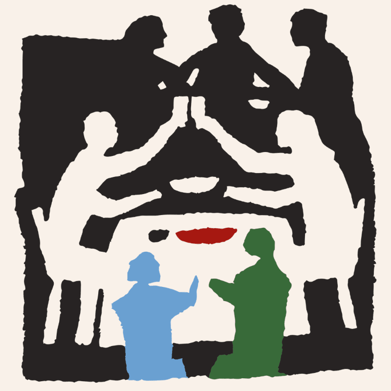 Silhouetted figures gather around a table with a red centerpiece in the foreground, set against a stark black background.