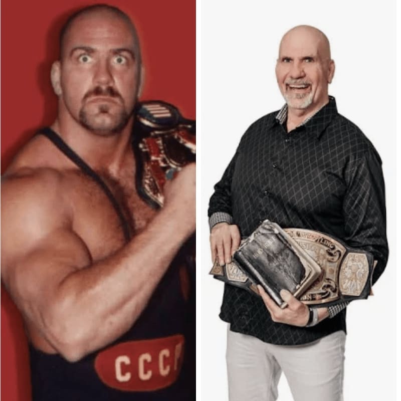 A split image shows a wrestler in the foreground on the left with a red background, and an older man holding championship belts in the foreground on the right with a white background.