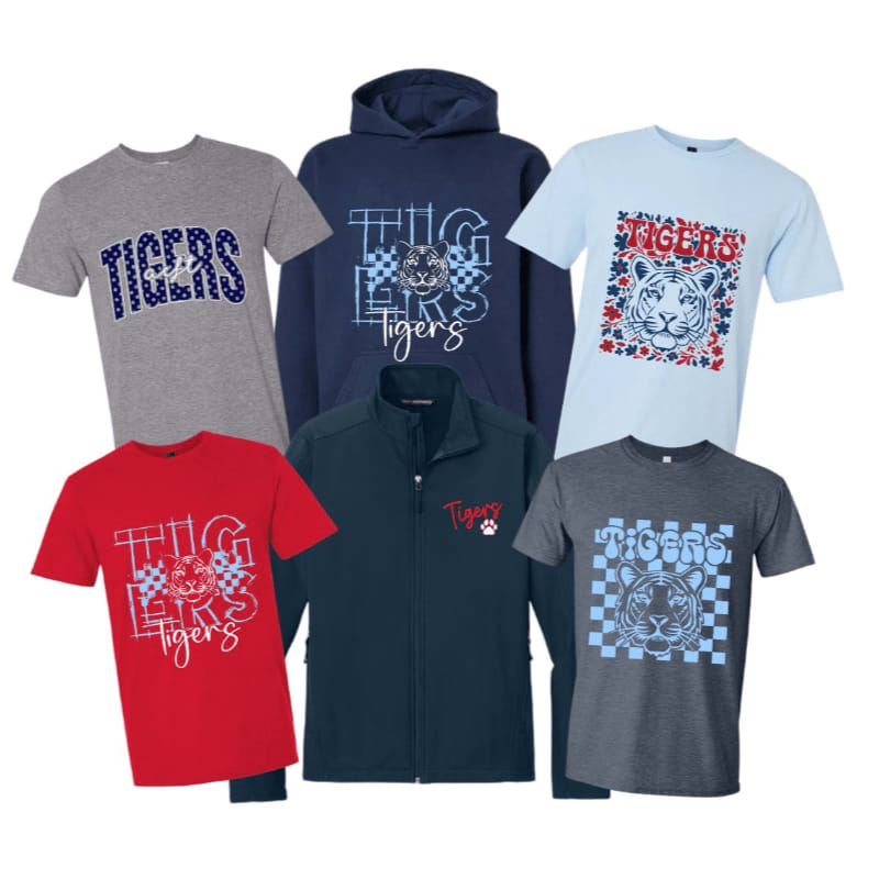 Several t-shirts, a hoodie, and a jacket with "Tigers" branding are arranged against a white background.