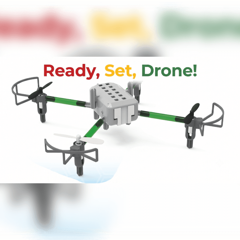 A white and gray drone with green accents hovers in the foreground against a blurred background of red, yellow, and green lights with the text "Ready, Set, Drone!" above it.