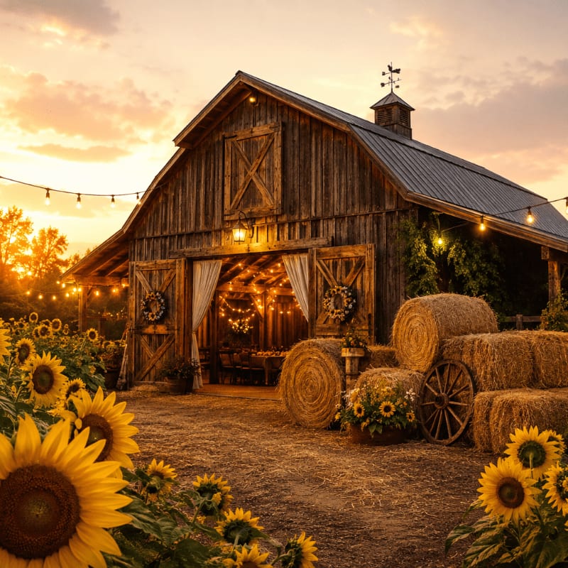 Sunflowers bloom in the foreground of a rustic barn adorned with string lights, set against a warm, sunset sky.