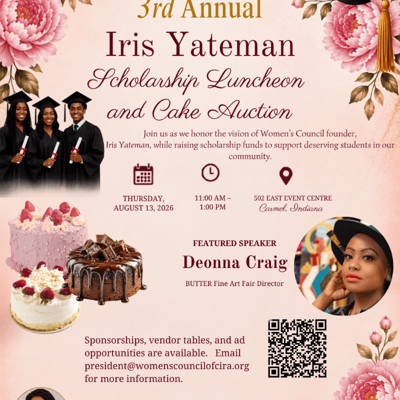 In the foreground, a scholarship luncheon and cake auction is advertised with images of cakes and graduates, while the background features floral decorations and event details.