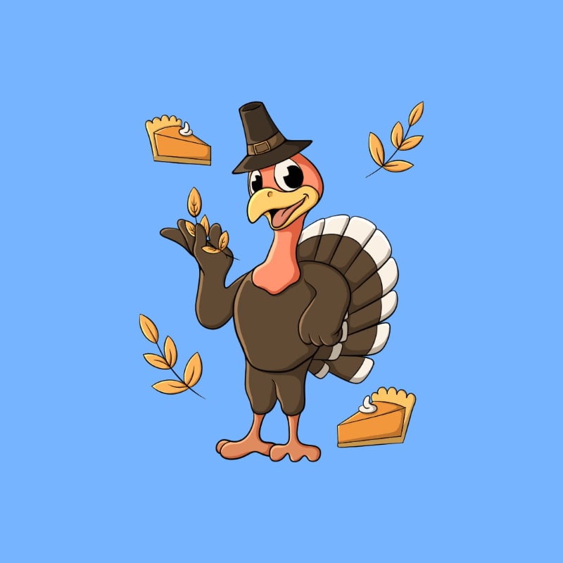 A cartoon turkey wearing a pilgrim hat stands in the foreground, surrounded by slices of pie and autumn leaves against a solid blue background.