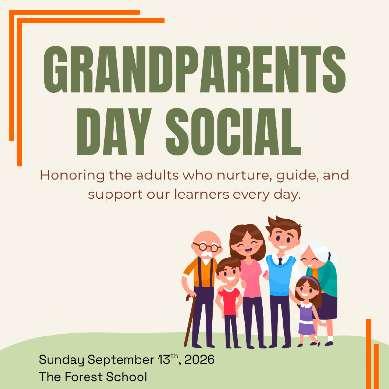 A colorful illustration of a multi-generational family stands in the foreground against a cream background with text announcing a "Grandparents Day Social" at "The Forest School" on "Sunday September 13th, 2026."