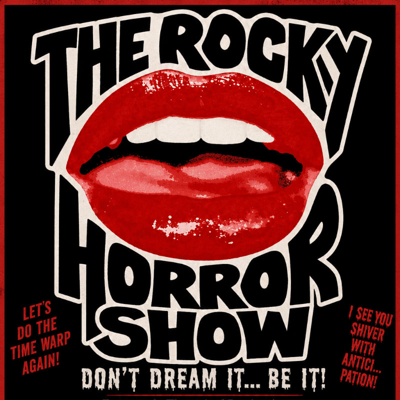 Bold red lips with a tongue sticking out are centered on a black background with the title "THE ROCKY HORROR SHOW" and various taglines.