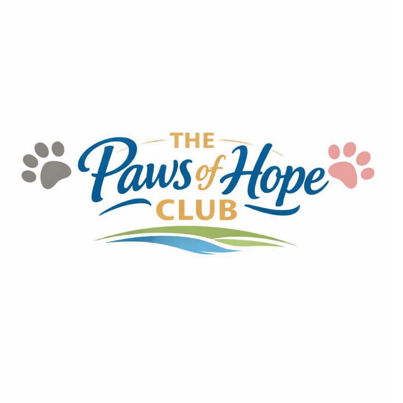 A logo for "The Paws of Hope Club" features stylized paw prints on either side of the text, with a green and blue landscape design in the background.
