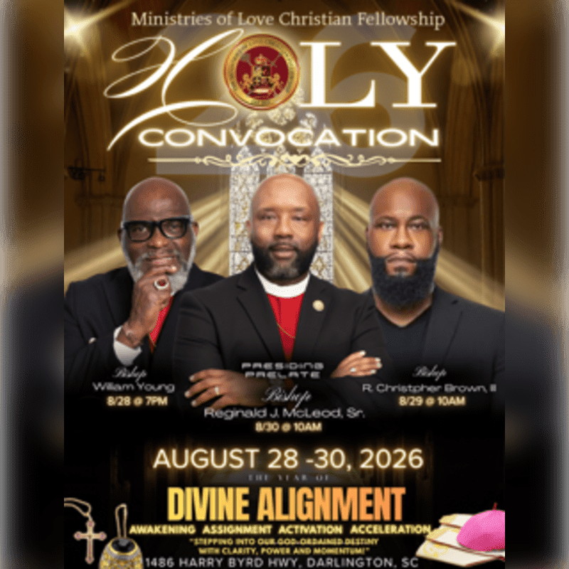 Three men in formal attire are featured in the foreground, with a golden, ornate background displaying event details.